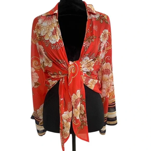 Floral Red, Orange Vacation-Ready Orange Floral Blouse, front tie, bell sleeve - Picture 5 of 8